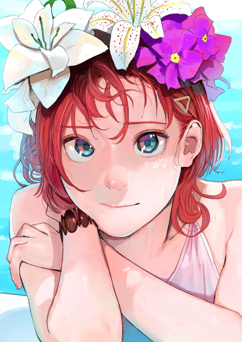 1girl absurdres ange_katrina bikini blue_eyes bracelet closed_mouth commentary_request flower hair_flower hair_ornament hairclip hand_on_own_arm head_wreath highres jewelry looking_at_viewer nijisanji partially_submerged pink_bikini pool portrait purple_flower red_hair solo swimsuit torii_yoshitsuna virtual_youtuber water white_flower