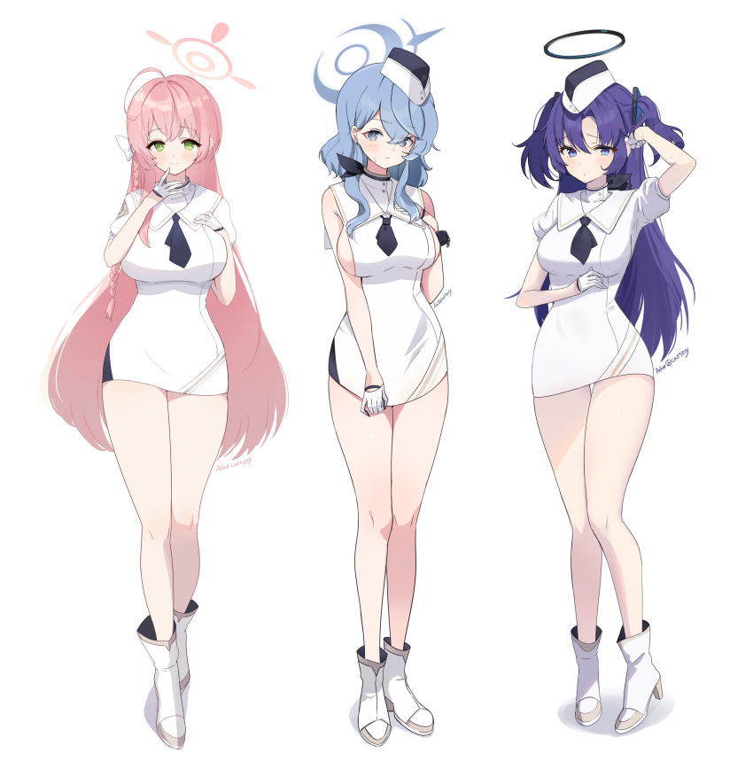 3girls absurdres ako_(blue_archive) ash_(cat7evy) blue_archive boots breasts collar dress halo hanako_(blue_archive) high_heels highres long_hair looking_at_viewer medium_hair multiple_girls short_dress utnapishtim_operator_uniform_(blue_archive) white_footwear yuuka_(blue_archive)