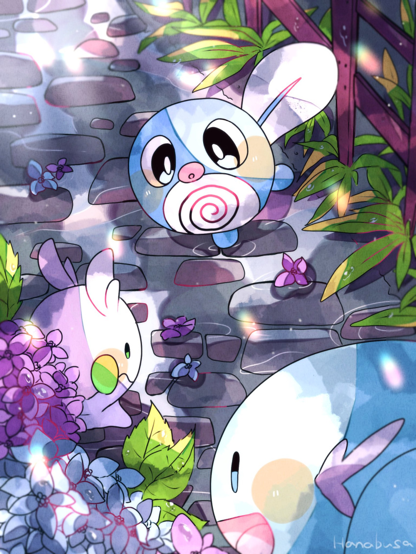 :d animal_focus blue_flower blue_skin colored_skin commentary_request flower goomy grass hanabusaoekaki highres no_humans open_mouth pokemon pokemon_(creature) poliwag purple_flower purple_skin road smile solid_oval_eyes tail wet_floor wooper