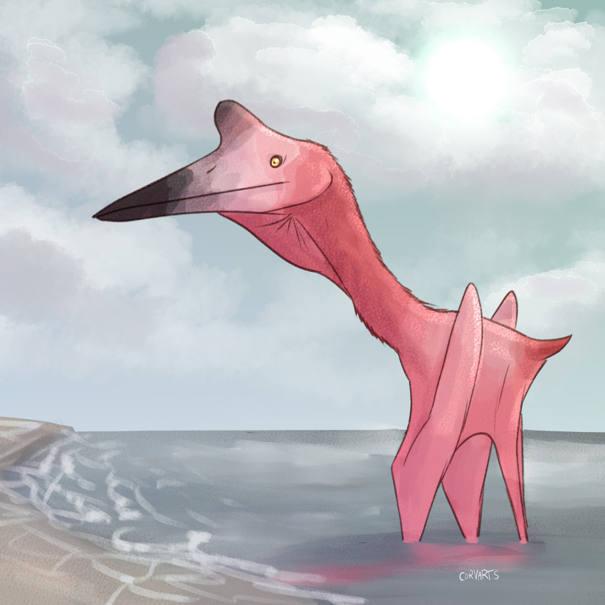 ambiguous_gender azhdarchid corvarts feral hi_res lake partially_submerged pink_body pterosaur quetzalcoatlus reptile salt scalie solo