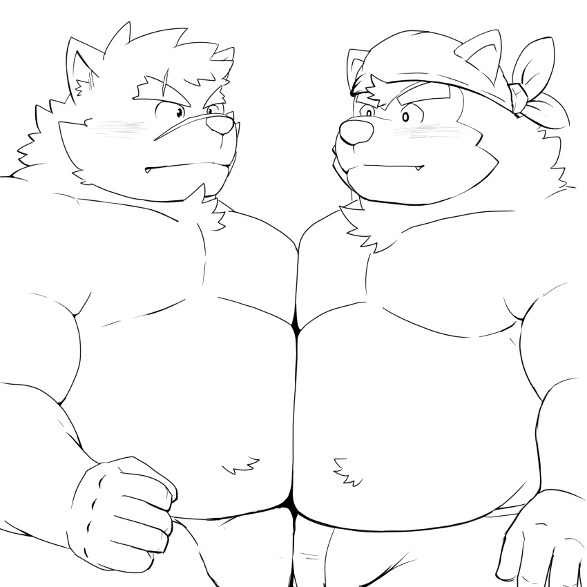 anthro belly belly_to_belly blush bulge bulge_frottage canid canine canis domestic_dog duo eyebrows hi_res lifewonders line_art live_a_hero male male/male mammal mohumohudansi mokdai moritaka musclegut nipples pecs pecs_frottage scar shirtless thick_eyebrows tokyo_afterschool_summoners