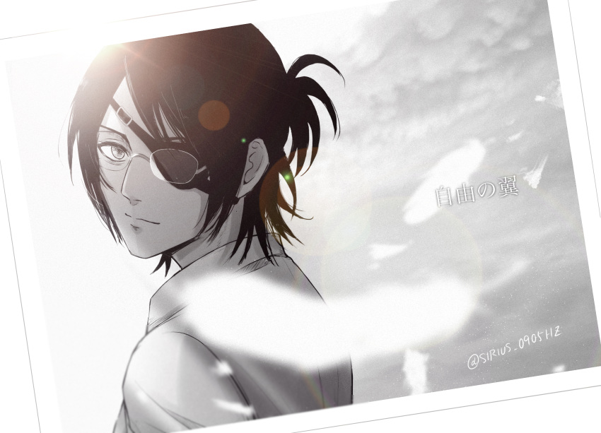 1other cloud commentary_request eyepatch feathers from_side glasses greyscale hange_zoe highres lens_flare monochrome photo_(object) shingeki_no_kyojin short_ponytail sirius_0905hz smile solo spot_color translation_request twitter_username