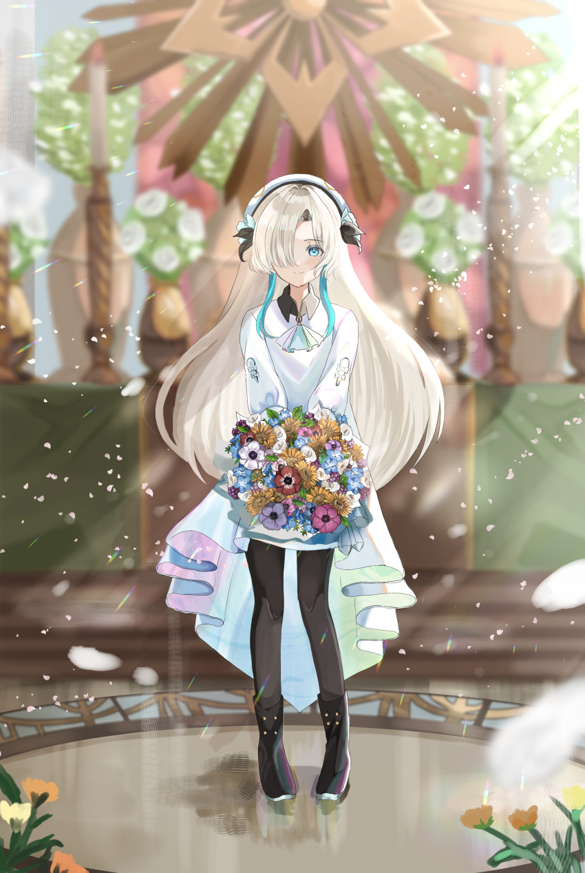 1girl absurdres altar ascot beret black_footwear black_pantyhose blonde_hair blue_eyes blue_hair blurry blurry_background boots bouquet candle closed_mouth collared_dress dress falling_petals flower full_body hair_flower hair_ornament hair_over_one_eye hat high-low_skirt highres holding holding_bouquet iridescent isekai_joucho kamitsubaki_studio lens_flare light_particles light_rays long_hair long_sleeves looking_at_viewer ming_(mei) multicolored_hair one_eye_covered pantyhose petals smile solo standing streaked_hair v_arms virtual_youtuber white_dress white_headwear