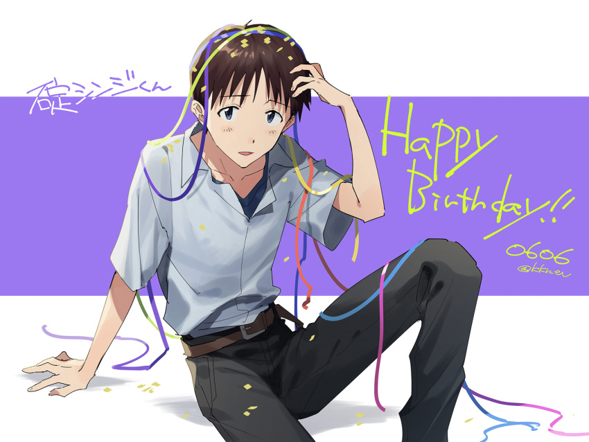 11kkr 1boy belt black_pants blue_eyes brown_hair collared_shirt confetti feet_out_of_frame happy_birthday ikari_shinji looking_at_viewer male_focus multicolored_background neon_genesis_evangelion open_mouth pants purple_background shirt solo striped striped_background translated white_background white_shirt