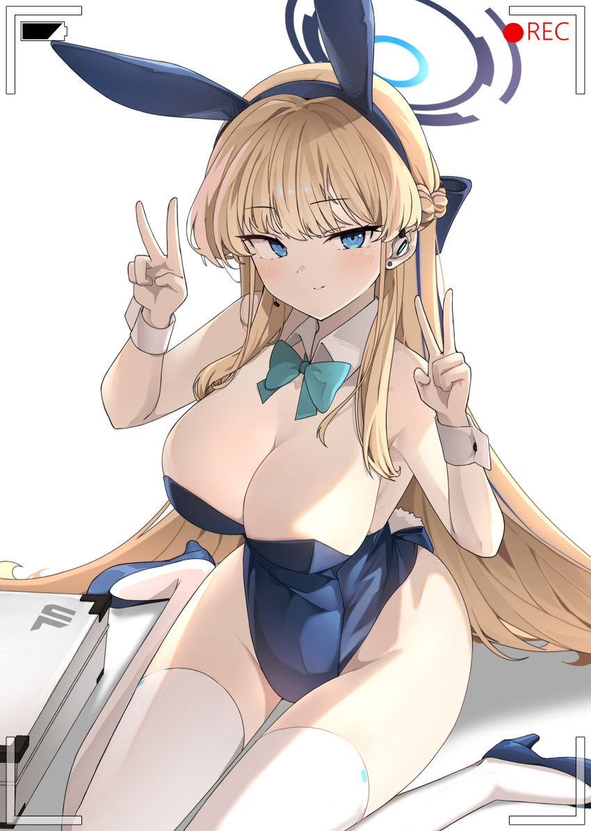 1girl animal_ears battery_indicator blonde_hair blue_archive blue_bow blue_bowtie blue_eyes blue_footwear blue_leotard blush bow bowtie braid breasts cleavage closed_mouth detached_collar double_v fake_animal_ears fake_tail groin halo high_heels highres large_breasts leotard long_hair multicolored_hair official_alternate_costume rabbit_ears rabbit_tail recording sitting solo soon_(k_mkc4) strapless strapless_leotard streaked_hair tail thighhighs toki_(blue_archive) toki_(bunny)_(blue_archive) v viewfinder wariza white_thighhighs wrist_cuffs