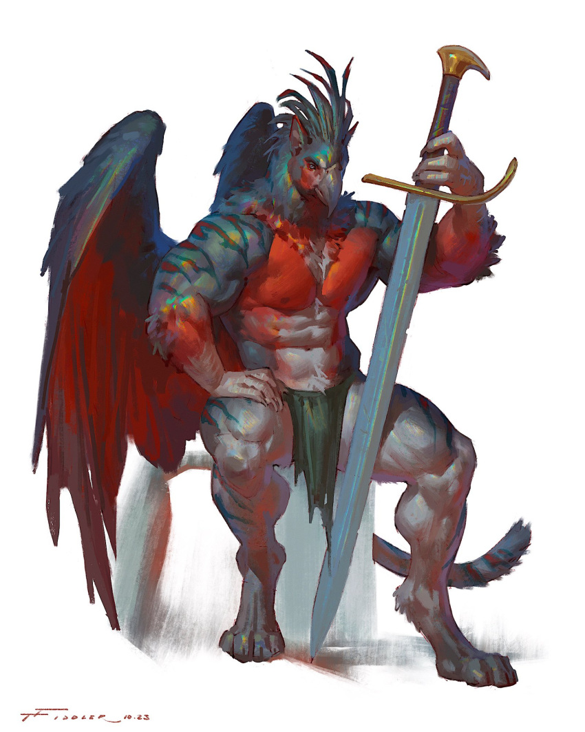 abs anthro avian beak big_sword big_wings bottomwear clothing feather_hair feathers fur gryphon hair hand_on_leg hi_res holding_object holding_sword holding_weapon loincloth loincloth_only looking_at_viewer male melee_weapon multicolored_body multicolored_feathers multicolored_fur muscular muscular_anthro muscular_male mythological_avian mythology navel nipples pseudo_hair simple_background sitting solo stripes sword tail taran_fiddler weapon weregryphon white_background wings