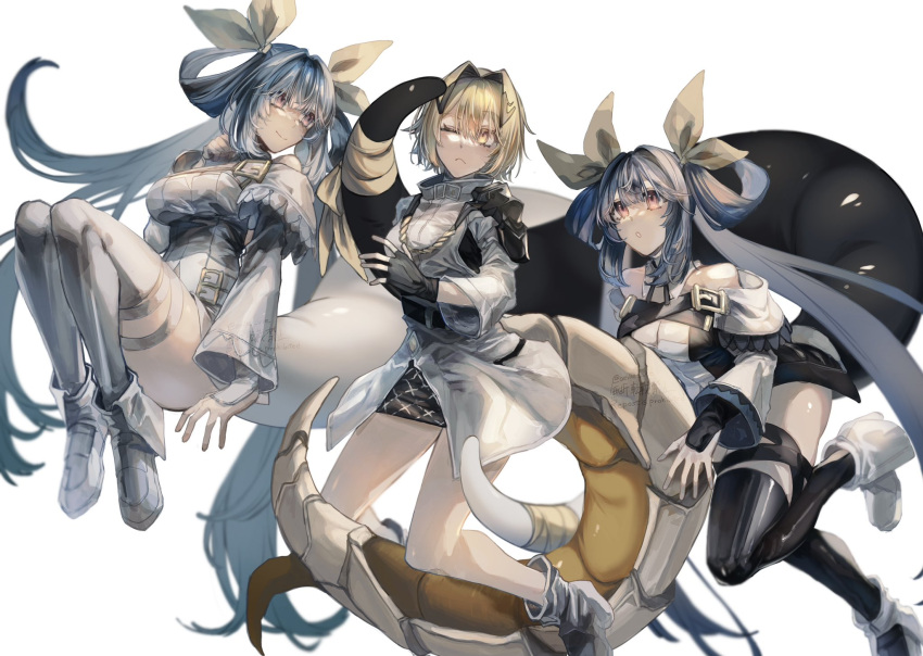 3girls :o aiguillette alchemy_stars armor bare_shoulders black_gloves black_skirt black_thighhighs blonde_hair blue_hair breasts cleavage cleavage_cutout closed_mouth clothing_cutout commission detached_collar detached_sleeves dizzy_(guilty_gear) fingerless_gloves gloves guilty_gear guilty_gear_xrd hair_intakes hair_ornament hair_ribbon highres jacket large_breasts large_tail looking_at_another medium_breasts miniskirt monster_girl multiple_girls oeillet_vie off_shoulder one_eye_closed open_mouth red_eyes ribbon shoulder_armor sidelocks simple_background skeb_commission skirt tail tail_ornament tail_ribbon thigh_strap thighhighs thighs twintails vice_(alchemy_stars) white_background white_thighhighs wide_sleeves yellow_eyes yellow_ribbon