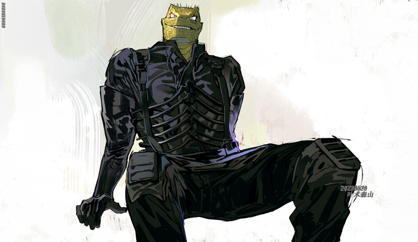 1boy animal_head black_gloves black_pants black_shirt caiman_(dorohedoro) copyright_name dated dorohedoro elbow_gloves furry gloves invisible_chair knee_pads looking_at_viewer male_focus nano_(c175311) pants reptile_boy shirt sitting solo