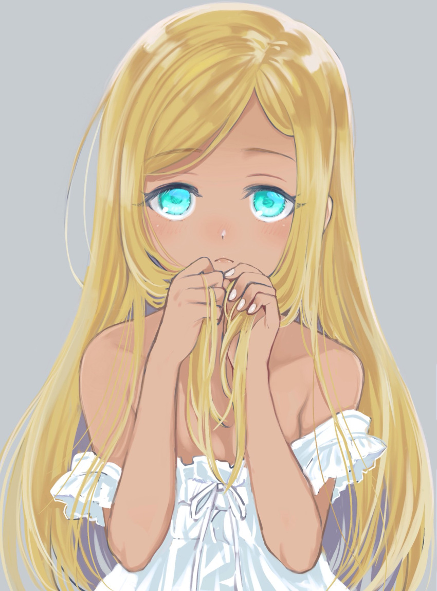 1girl amezawa_koma aqua_eyes bare_shoulders blonde_hair blush commentary_request dark-skinned_female dark_skin dress expressionless flat_chest highres holding holding_hair idolmaster idolmaster_cinderella_girls layla_(idolmaster) long_hair looking_at_viewer off_shoulder own_hands_together solo straight-on upper_body white_dress
