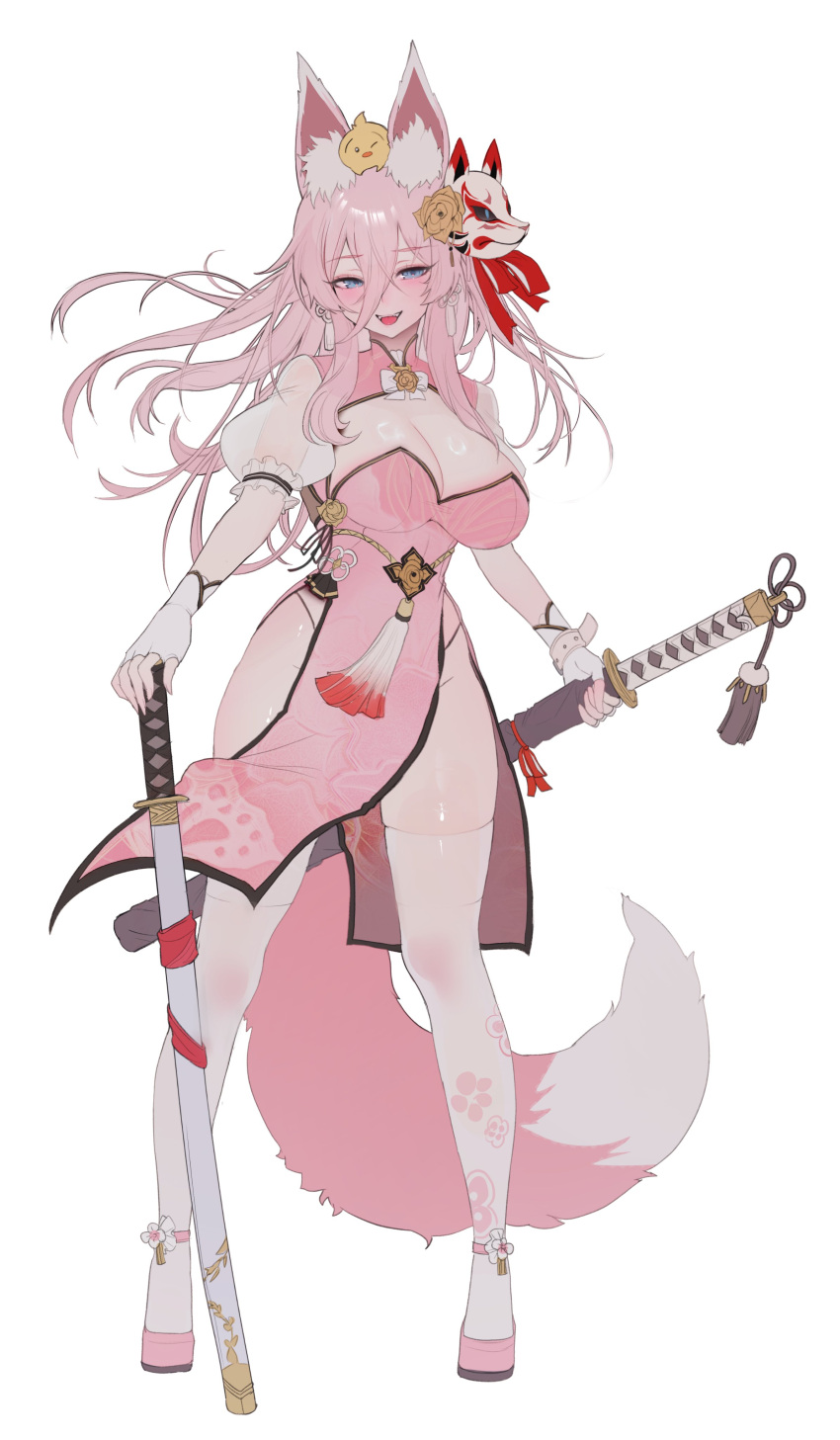 1girl absurdres animal_ear_fluff animal_ears animal_on_head bird blue_eyes breasts cherry_blossoms chick chokutou cleavage commentary dress earrings fangs fingerless_gloves floating_hair flower_knot fox_ears fox_girl fox_mask fox_tail full_body gloves hair_between_eyes hand_on_hilt highres holding holding_sword holding_weapon jewelry large_breasts long_bangs long_hair looking_at_viewer mask mask_on_head naughty_face on_head one_eye_closed original pelvic_curtain pink_dress pink_hair see-through see-through_sleeves sheath sheathed shiny_skin shrug_(clothing) simple_background solo standing strappy_heels sword tail tassel tassel_earrings thighhighs thighs tongue tongue_out weapon white_background white_gloves white_thighhighs zerocat