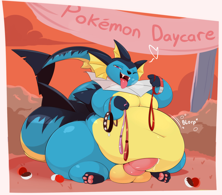 big_butt breath butt collar cracker_(artist) eeveelution erection fangs feral generation_1_pokemon hi_res huge_belly huge_butt huge_thighs leash male nintendo overweight overweight_feral overweight_male panting pokemon pokemon_(species) sitting solo teeth thick_thighs tongue tongue_out vaporeon vore