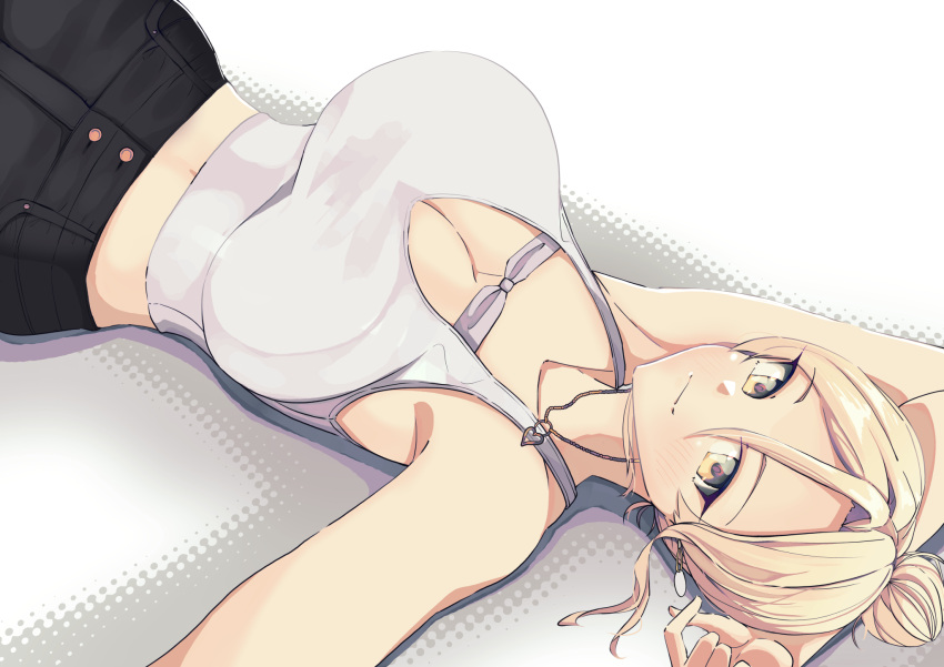 1girl armpits arms_behind_head asymmetrical_breasts bare_shoulders black_pants blonde_hair breasts cleavage earrings hair_bun highres jewelry large_breasts light_smile looking_at_viewer lying midriff necklace nijisanji nui_sociere official_alternate_costume on_back pants solo tank_top upper_body virtual_youtuber white_tank_top ya7gi yellow_eyes