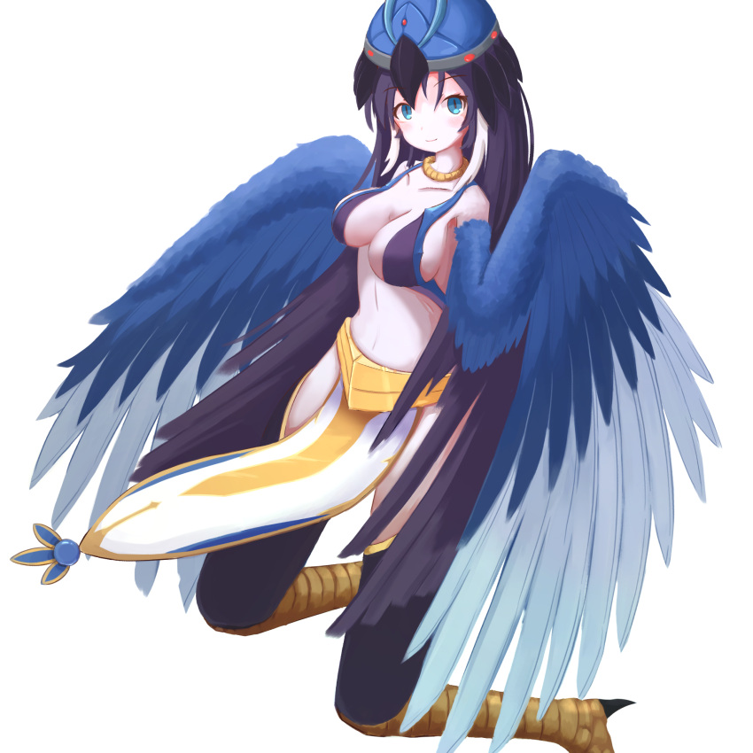 1girl alternate_skin_color bird_legs black_thighhighs blue_eyes blue_feathers blue_wings blush breasts duel_monster feathers feerene harpy hat highres large_breasts long_hair lyrilusc_-_ensemblue_robin monster_girl navel pelvic_curtain purple_hair simple_background smile solo talons thighhighs very_long_hair white_background winged_arms wings yu-gi-oh! yu-gi-oh!_arc-v