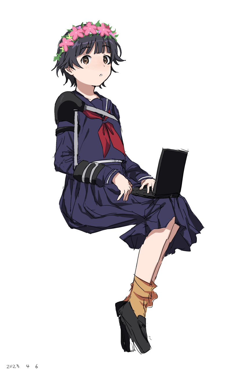 1girl absurdres black_footwear black_hair blue_sailor_collar brown_eyes computer flower full_body hair_flower hair_ornament head_wreath highres injury invisible_chair laptop loafers looking_at_viewer neckerchief orange_socks pleated_skirt red_neckerchief sailor_collar sakugawa_school_uniform school_uniform serafuku shoes short_hair simple_background sitting skirt socks solo takatisakana toaru_kagaku_no_railgun toaru_majutsu_no_index uiharu_kazari white_background