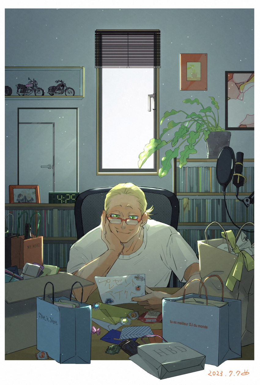 1boy bag blonde_hair boku_no_hero_academia border box candy closed_mouth dated facial_hair food french_text gift_bag green_eyes highres light_particles male_focus meld_me microphone mirror mustache photo_(object) plant pop_filter potted_plant present_mic reading red-framed_eyewear shelf shirt short_hair short_ponytail short_sleeves sitting solo white_border white_shirt window window_blinds wrapped_candy
