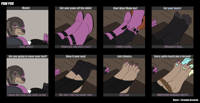 2018 4_toes ankle_boots ankles_tied anthro bdsm black_clothing black_footwear black_socks blackthorn_publications bondage boots bound chair clothing comic dialogue feathers feet female footwear furniture leggings legwear light_bondage on_chair pink_boots pink_clothing pink_eyes pink_footwear pink_shirt pink_toenails pink_topwear removing_shoes removing_socks shirt shoes_removed sitting sitting_on_chair socks socks_removed solo tickling toe_wiggle toes topwear
