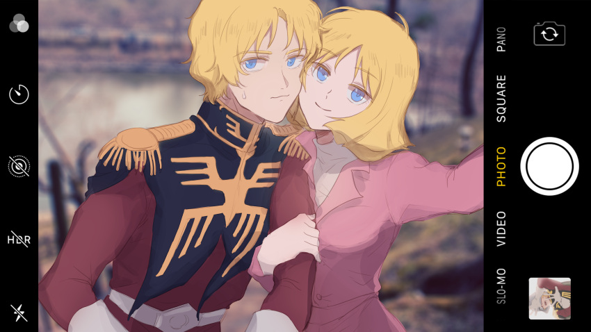 1boy 1girl absurdres belt blonde_hair blue_eyes blurry blurry_background brother_and_sister cellphone char_aznable closed_mouth epaulettes fake_phone_screenshot fake_screenshot gloves gundam high_collar highres ios_(os) jacket locked_arms long_sleeves looking_at_viewer military_uniform mobile_suit_gundam phone photo_background pink_jacket red_jacket sayla_mass shirt short_hair siblings smartphone smile sweat taking_picture tira_zhang turtleneck uniform upper_body wavy_mouth white_belt white_gloves white_shirt