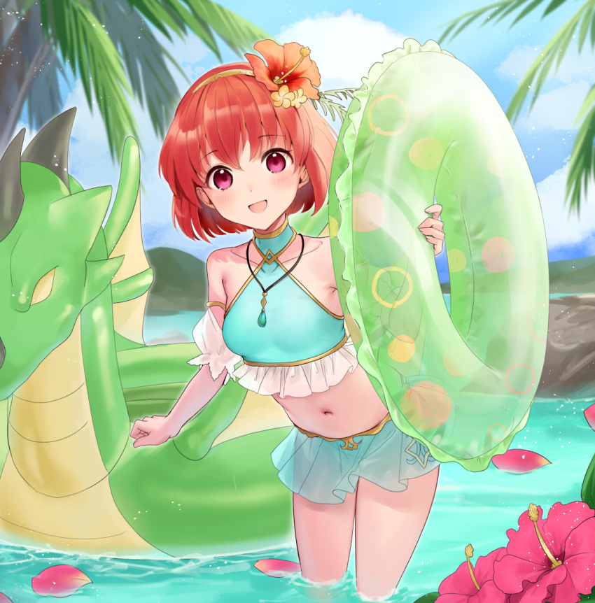 1girl :d bare_shoulders beach bikini bikini_skirt blue_bikini blue_sky blush cloud collarbone fire_emblem fire_emblem:_mystery_of_the_emblem flower green_innertube hair_flower hair_ornament hairband haru_(nakajou-28) hibiscus holding holding_innertube inflatable_raft inflatable_toy innertube jewelry looking_at_viewer maria_(fire_emblem) necklace palm_tree partially_submerged pendant red_eyes red_hair short_hair sky smile solo stomach swimsuit tree water