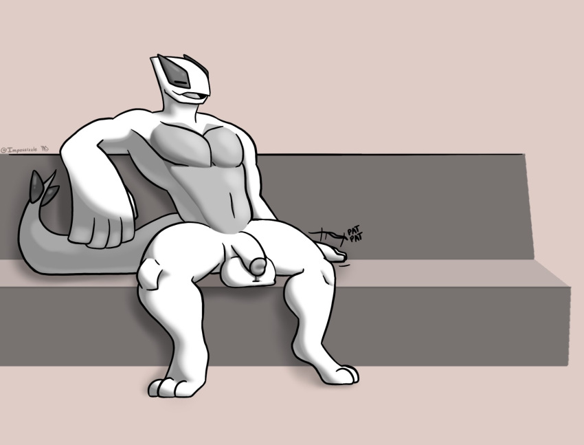 anthro balls biceps casual_nudity flaccid generation_2_pokemon genitals hi_res humanoid_genitalia humanoid_penis impossizzle legendary_pokemon lugia male muscular muscular_anthro muscular_male nintendo nude open_mouth pecs penis pokemon pokemon_(species) simple_background solo white_body