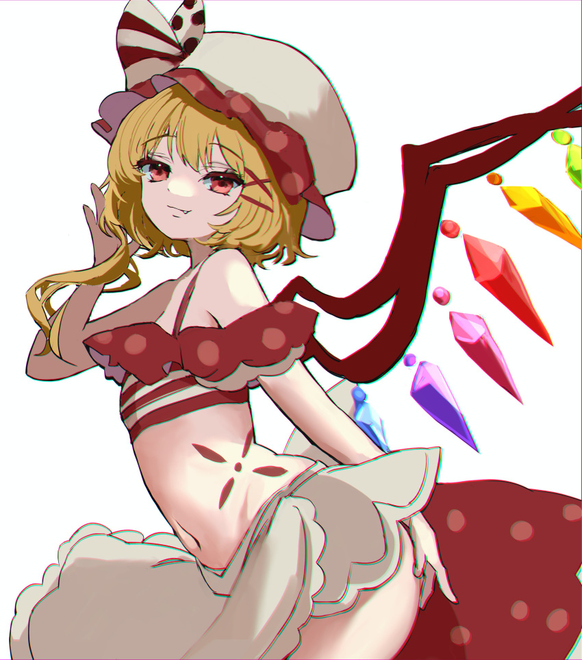 absurdres alternate_costume blonde_hair closed_mouth commentary crystal fang flandre_scarlet hat highres internet_survivor looking_at_viewer medium_hair mikan_(manmarumikan) mob_cap navel one_side_up polka_dot red_eyes simple_background touhou white_background white_headwear wings