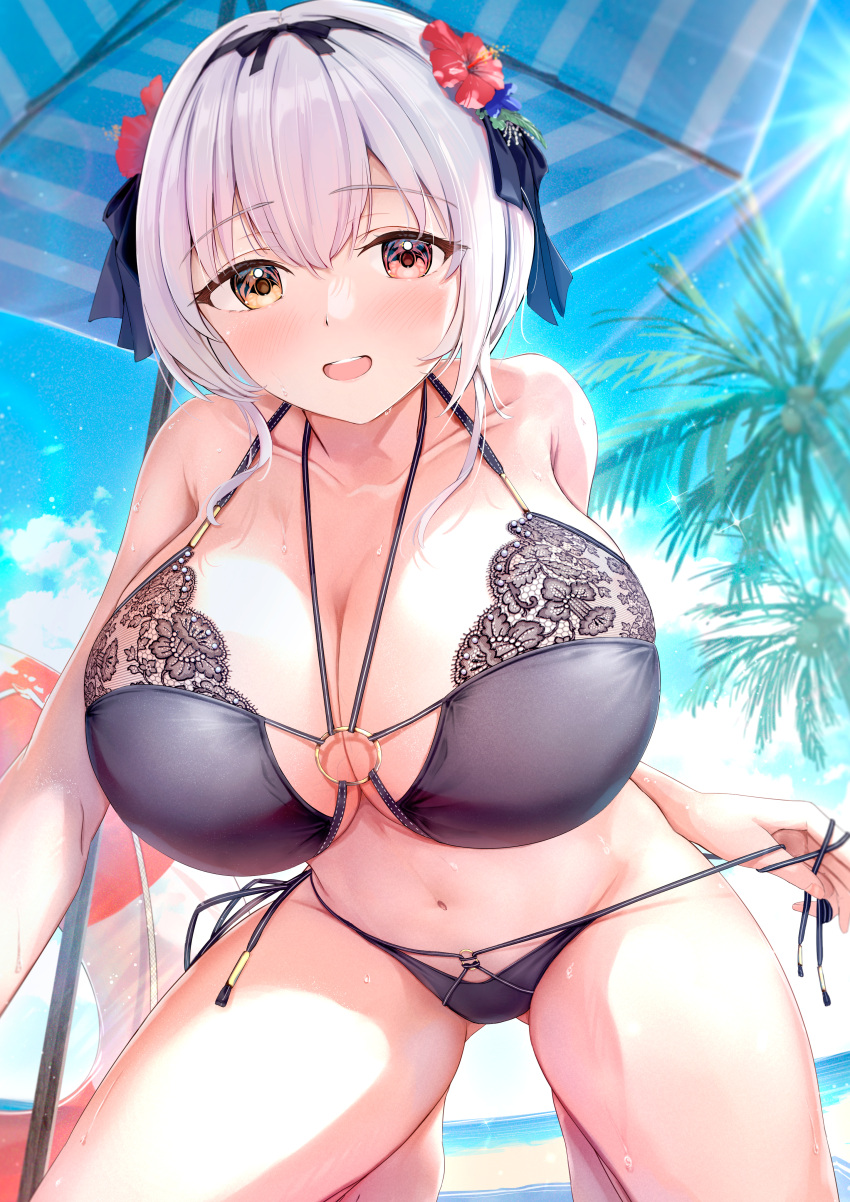 1girl absurdres alicia_renato_(yashiro_sousaku) beach beach_umbrella bikini bikini_pull black_bikini blue_sky blush breasts brown_eyes cleavage clothes_pull collarbone commentary_request commission day flower fujinomiya_rio grey_hair hair_flower hair_ornament hair_rollers heterochromia hibiscus highres huge_breasts innertube kneeling large_breasts lens_flare looking_at_viewer navel ocean open_mouth original outdoors palm_tree red_eyes red_flower sidelocks sky smile solo swimsuit teeth tree umbrella upper_teeth_only