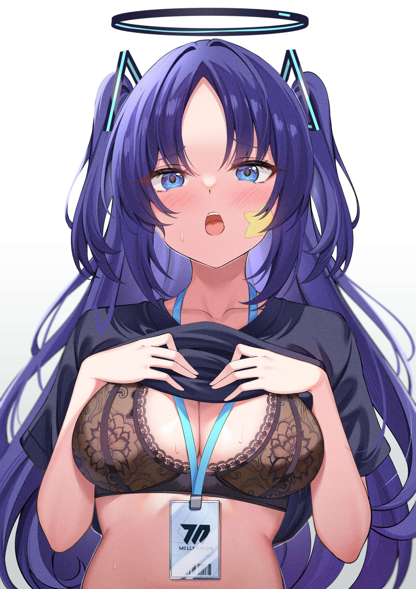 1girl :o absurdres black_bra black_shirt blue_archive blush bra breasts cleavage collarbone embroidered_bra halo highres lanyard looking_at_viewer medium_breasts parted_bangs purple_hair shirt simple_background solo star_sticker sticker_on_face sweetcheese two_side_up underwear upper_body white_background yuuka_(blue_archive) yuuka_(track)_(blue_archive)