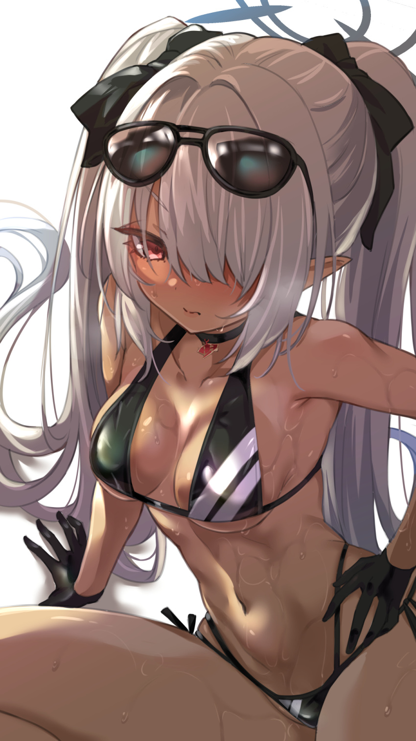 1girl bikini black_bikini black_gloves blue_archive blush breasts dark_skin eyewear_on_head gloves grey_hair hair_over_one_eye halo hand_on_own_hip highres iori_(blue_archive) iori_(swimsuit)_(blue_archive) long_hair medium_breasts mocco_(mocco_san1) multi-strapped_bikini_bottom navel pointy_ears red_eyes simple_background sitting solo sunglasses swimsuit twintails wet white_background