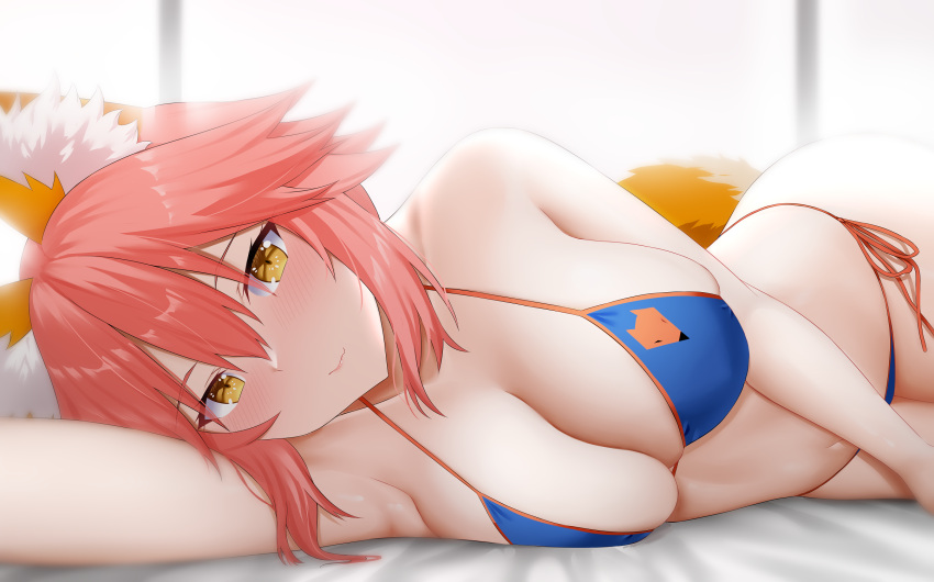 1girl animal_ear_fluff animal_ears arind_yudha arm_up bare_arms bare_shoulders bikini blue_bikini blush breasts cleavage closed_mouth collarbone commentary fang fate/grand_order fate_(series) fox_ears fox_girl fox_print fox_tail hair_between_eyes halterneck highres large_breasts lips looking_at_viewer lying navel on_side orange_trim pink_hair side-tie_bikini_bottom skin_fang smile solo stomach string_bikini swimsuit tail tamamo_(fate) tamamo_no_mae_(swimsuit_lancer)_(fate) tamamo_no_mae_(swimsuit_lancer)_(third_ascension)_(fate) thighs yellow_eyes