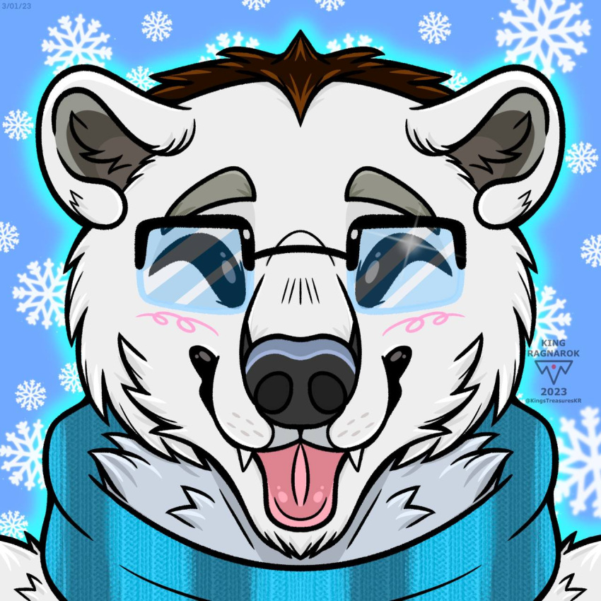 anthro artforsale bear burr commissionsopen digital_media_(artwork) eyestrain furry furryart furryfandom hi_res invalid_tag kingstreasures male mammal polar_bear scarf snow ursine