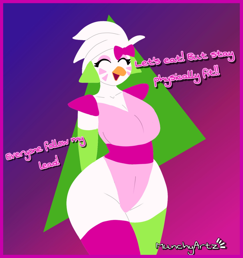 anthro athletic avian bird breasts chicken clothing dialogue ear_piercing ear_ring feathers female five_nights_at_freddy's five_nights_at_freddy's:_security_breach galliform gallus_(genus) glamrock_chica_(fnaf) green_clothing hair hi_res legwear leotard munchyartz phasianid piercing pink_body pink_clothing pink_feathers ring_piercing scottgames simple_background small_breasts solo steel_wool_studios thigh_highs white_body white_feathers wide_hips
