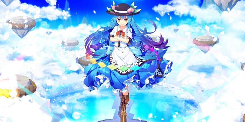 1girl alternate_hair_color apron black_headwear blue_hair blue_skirt boots bow bowtie brown_footwear closed_mouth cloud cloudy_sky collared_shirt cross-laced_footwear crossed_arms floating_hair food frilled_skirt frills fruit full_body gradient_hair hat highres hinanawi_tenshi ichiyan keystone leaf_hat_ornament long_hair looking_at_viewer multicolored_hair non-web_source official_art orange_eyes peach peach_hat_ornament puffy_short_sleeves puffy_sleeves purple_hair red_bow red_bowtie second-party_source shirt short_sleeves skirt sky sleeve_cuffs smile solo touhou touhou_lost_word v-shaped_eyebrows waist_apron white_apron white_shirt