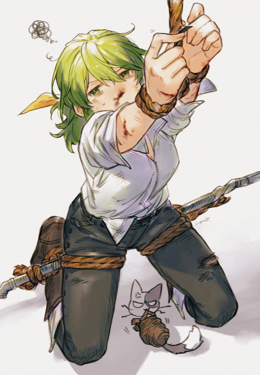 1girl anger_vein annoyed arms_up biting bleeding blood blood_on_arm blood_on_face boots bound breasts brown_footwear bruise captured cat covered_mouth cuts cutting denim green_hair grey_pants hair_ribbon herayoshi highres holding injury jeans kiki_(herayoshi) kneeling long_sleeves looking_at_viewer nosebleed original pants restrained ribbon rope shards shirt shirt_tucked_in short_hair simple_background spreader_bar squiggle tied_up_(nonsexual) torn_clothes torn_pants white_background white_shirt yellow_ribbon