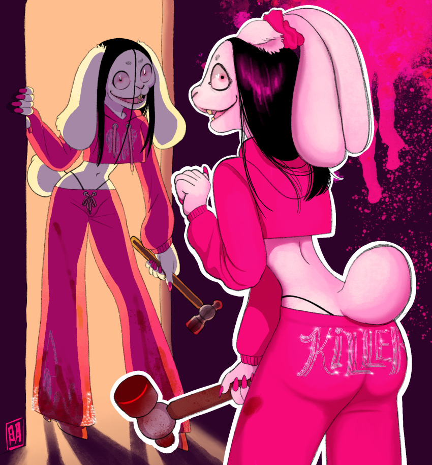 anthro black_hair blood blood_splatter bodily_fluids breadbitch420 butt clothed clothing creepypasta hair hammer hi_res jeff_the_killer juicy_couture lagomorph leporid looking_at_viewer male mammal rabbit sequins simple_background smile solo tools