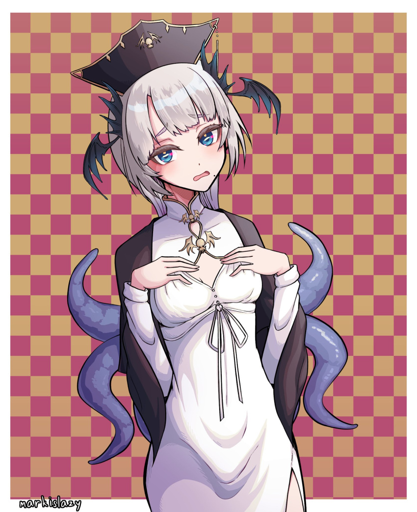 1girl alternate_breast_size artist_name black_cape black_headwear blue_eyes bright_pupils cape checkered_background cleavage_cutout clothing_cutout covered_collarbone dress grey_hair hat head_wings highres horizontal_pupils indie_virtual_youtuber long_hair markislazy mole mole_under_eye open_mouth pochimaru_(vtuber) pochimaru_(vtuber)_(3rd_costume) side_slit solo tentacle_hair white_dress white_pupils wings