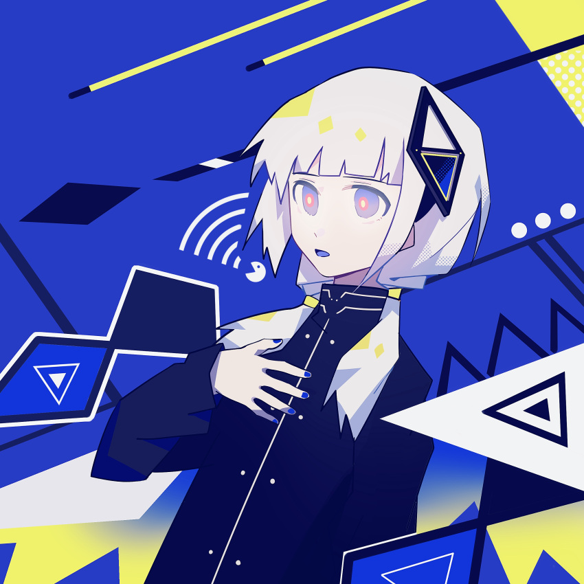 1girl abstract_background absurdres black_jacket blue_background blue_eyes blue_nails blue_tongue blunt_bangs cevio colored_tongue commentary diamond_hair_ornament dutch_angle ganezugarrrrr hair_over_shoulder halftone hand_on_own_chest highres jacket kafu_(cevio) kamitsubaki_studio long_sleeves low_twintails multicolored_background multicolored_eyes no_coat open_mouth red_eyes solo sound_wave turtleneck twintails upper_body white_hair yellow_background yellow_pupils