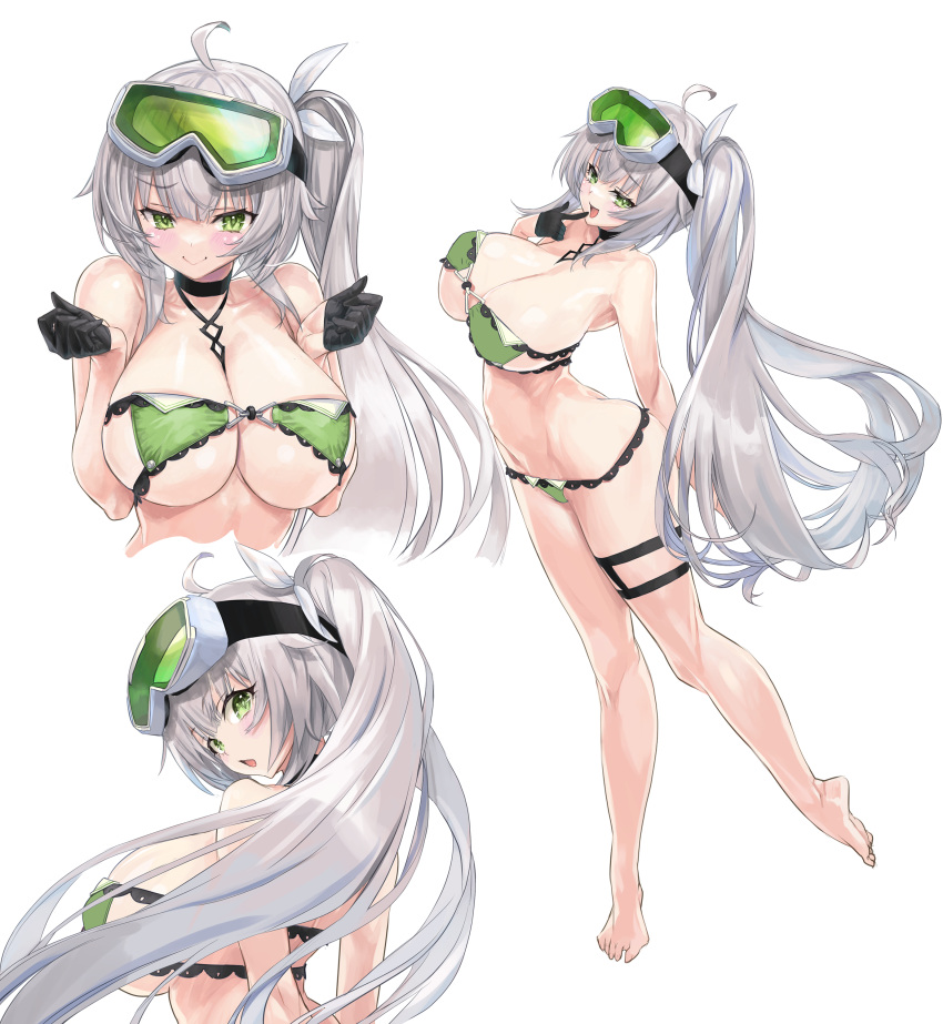 1girl absurdres ahoge air_mattress bikini breasts cameltoe cleavage commission full_body green_bikini green_eyes grey_hair hair_ornament highres indie_virtual_youtuber kiyama_satoshi large_breasts long_hair looking_at_viewer lotion micro_bikini multiple_views no_shoes rimuchi_(virtual_youtuber) side_ponytail skeb_commission smile solo standing swimsuit toes tongue tongue_out virtual_youtuber