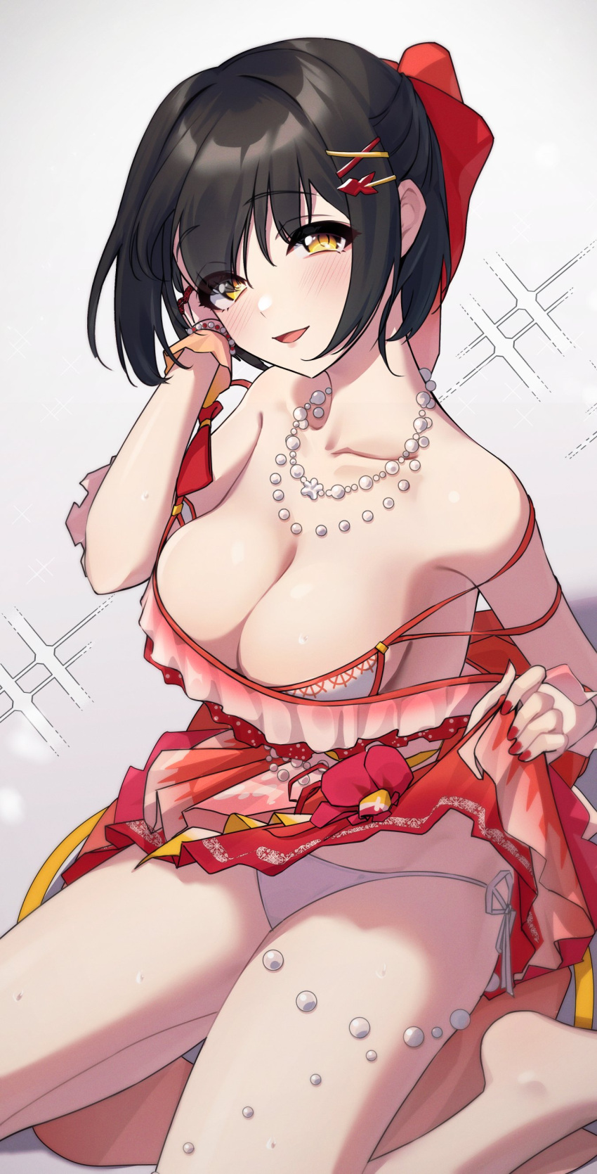 1girl 24riside absurdres bare_shoulders barefoot bikini black_hair blush bow breasts cleavage clothes_lift collarbone dress flower_ornament frilled_dress frilled_skirt frills hair_bow hair_ornament highres idolmaster idolmaster_cinderella_girls idolmaster_cinderella_girls_starlight_stage jewelry looking_at_viewer medium_breasts necklace off_shoulder open_mouth pearl_necklace red_dress short_hair side-tie_bikini_bottom simple_background skirt skirt_lift smile solo swimsuit takafuji_kako thighs wet white_bikini yellow_eyes