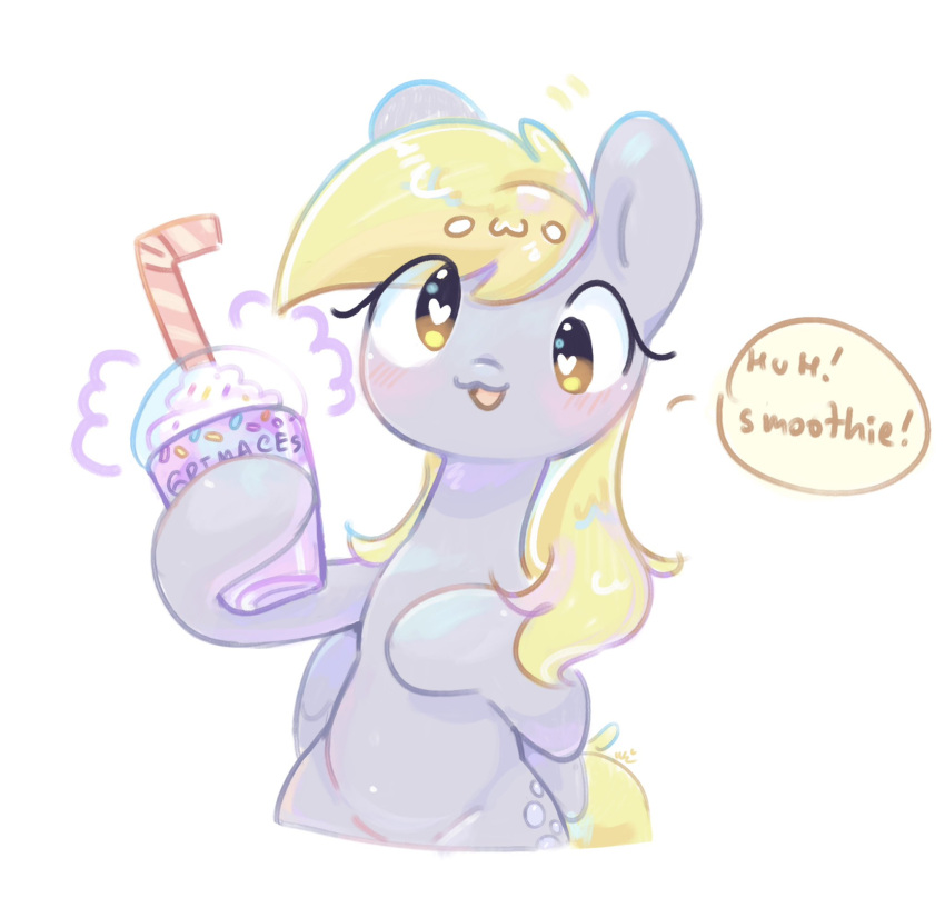 &lt;3 &lt;3_eyes 2023 beverage blonde_hair blush container cup cutie_mark derp_eyes derpy_hooves_(mlp) digital_media_(artwork) equid equine female folded_wings friendship_is_magic grey_body grimace_shake hair happy hasbro hi_res holding_object looking_at_viewer mammal mcdonald's milkshake my_little_pony open_mouth open_smile owo pegasus semi-anthro smile solo straw tail ukipony wings yellow_tail