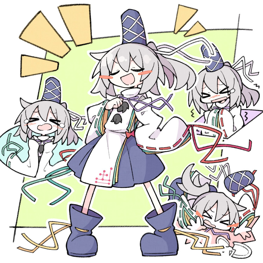 &gt;_&lt; 1girl asameshi blue_headwear blush_stickers closed_eyes grey_hair hair_between_eyes hat highres long_hair mononobe_no_futo multiple_views open_mouth ponytail smile tate_eboshi tears touhou