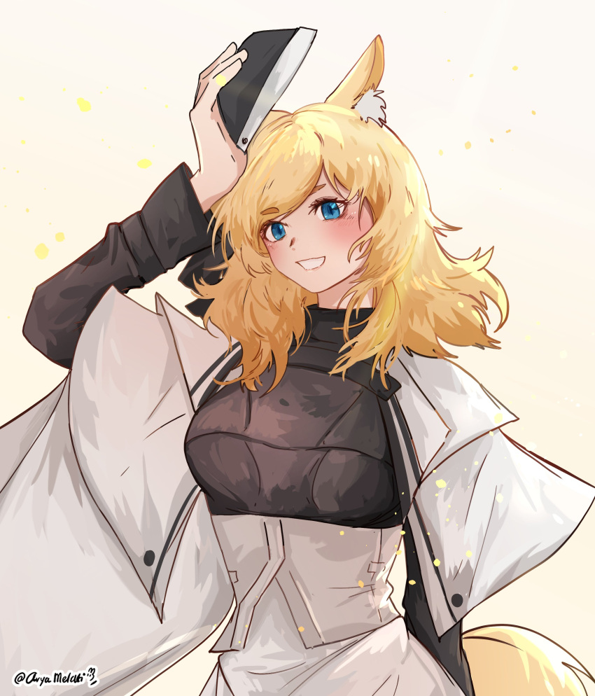 1girl :d absurdres animal_ear_fluff animal_ears arknights arya_melati black_dress blonde_hair blue_eyes blush breasts cape dress garrison_cap grin hat hat_tip highres horse_ears horse_girl horse_tail long_hair long_sleeves looking_at_viewer medium_breasts signature simple_background smile solo tail twitter_username upper_body whislash_(arknights) white_cape yellow_background