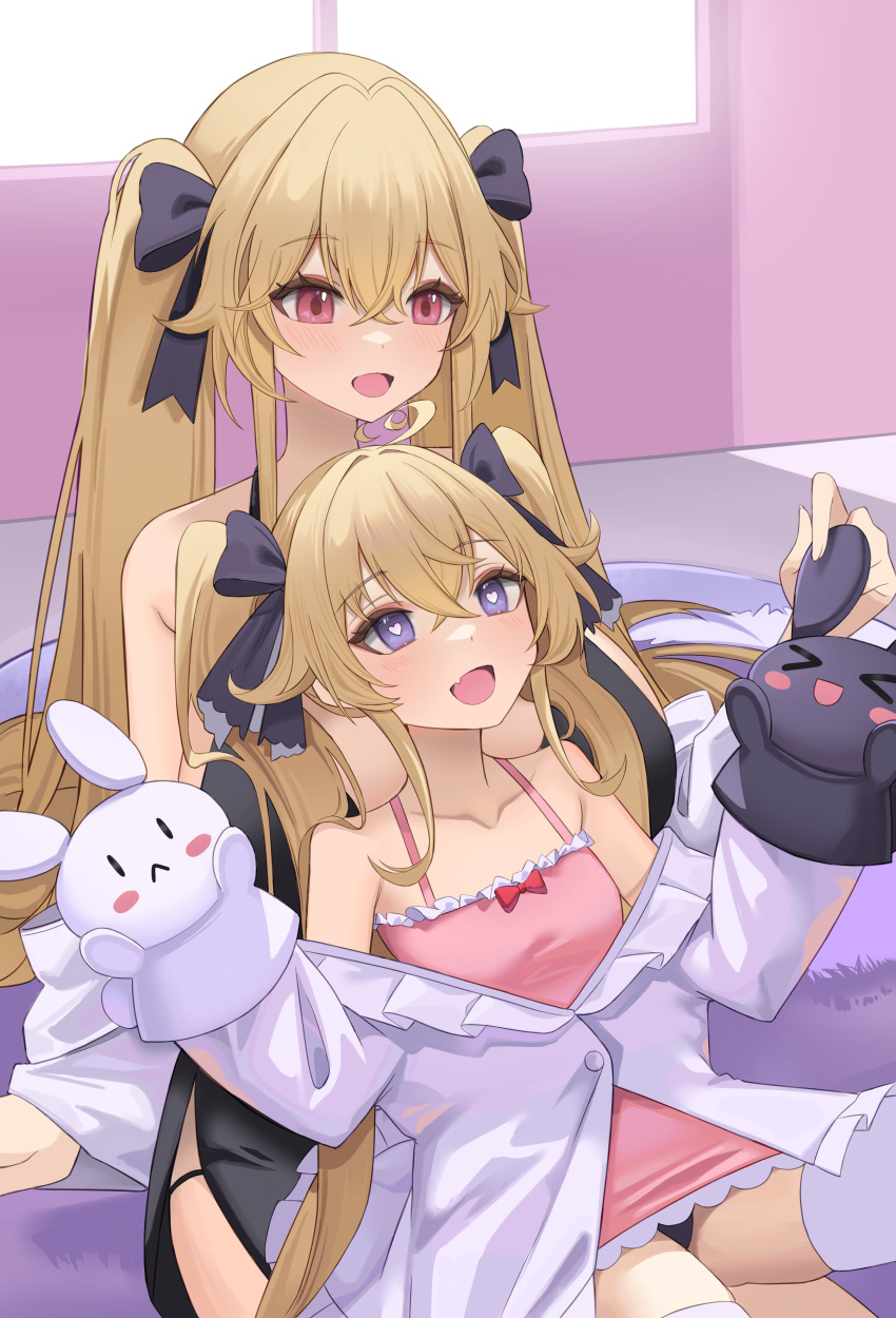 2girls absurdres anchorage_(azur_lane) attilio_regolo_(azur_lane) attilio_regolo_(castle_of_inspiration)_(azur_lane) azur_lane camisole collarbone crossed_bangs frilled_jacket frills hair_ribbon hand_puppet heart heart-shaped_pupils highres jacket light_brown_hair multiple_girls off_shoulder official_alternate_costume open_mouth puppet rabbit_puppet red_eyes ribbon sitting sitting_on_lap sitting_on_person smile soar_sora222 symbol-shaped_pupils twintails