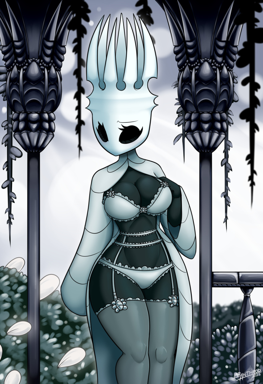 anthro arthropod black_body black_eyes bra breasts cleavage clothed clothing crossgender crown female garter_belt garter_straps headgear hi_res hollow_knight insect latiar legwear lingerie mtf_crossgender non-mammal_breasts pale_king_(hollow_knight) panties solo stockings team_cherry thigh_highs underwear white_body