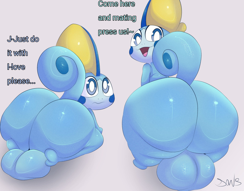 2023 anthro balls big_balls big_butt blue_body blue_cheeks blue_eyes blue_tail butt confident curled_tail duo english_text generation_8_pokemon genitals hi_res huge_balls huge_butt looking_back male nintendo open_mouth pink_tongue plushtrapboyuwu pokemon pokemon_(species) shy simple_background sitting smile sobble standing tail text thick_thighs tongue white_background