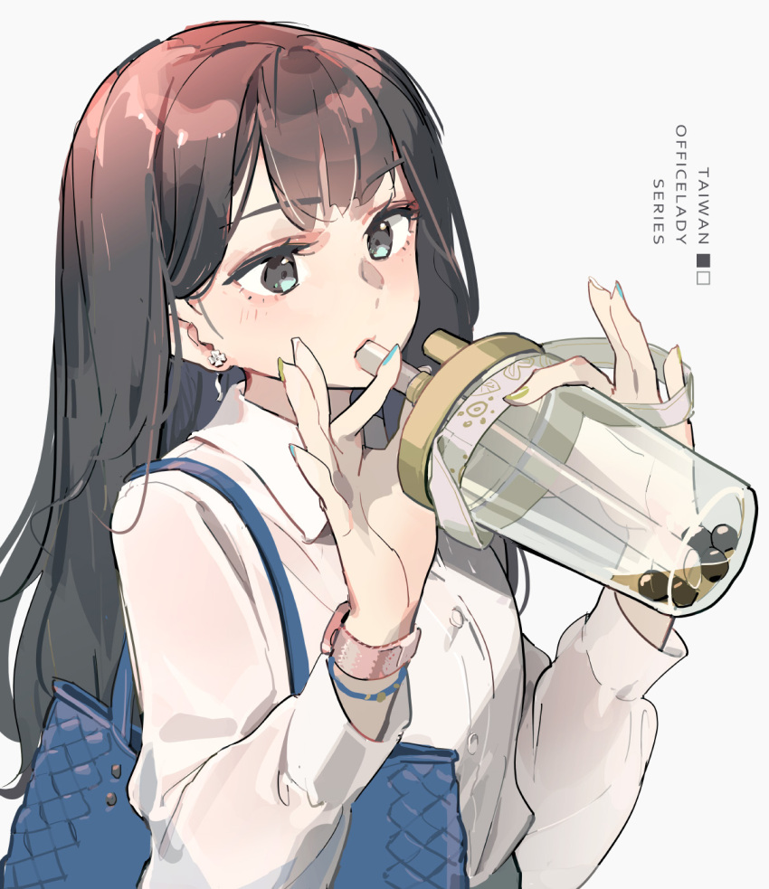 1girl blue_bag blue_eyes brown_hair bubble_tea chinese_commentary collared_shirt commentary_request cup disposable_cup from_side grey_background highres holding holding_cup long_hair long_sleeves office_lady_taiwan original shirt simple_background solo tennohi upper_body white_shirt