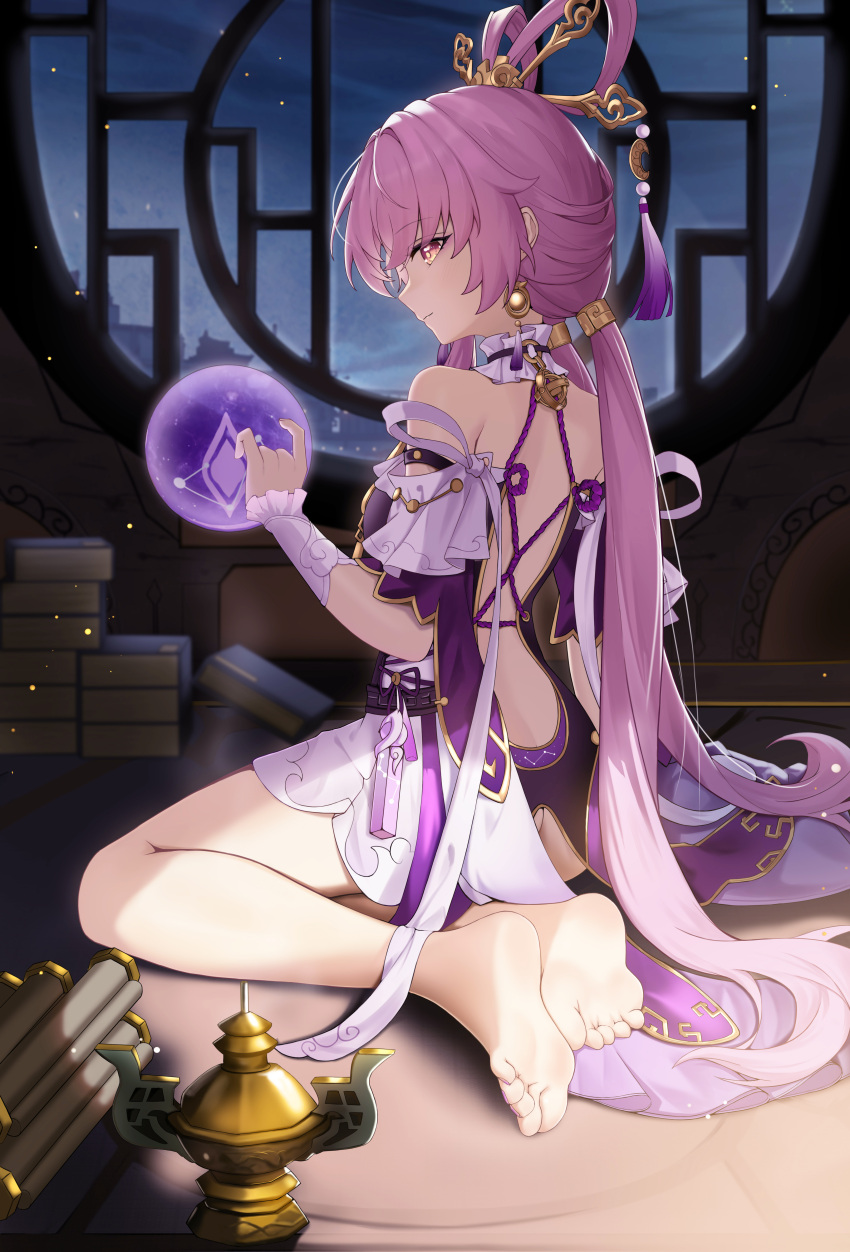 1girl absurdres barefoot closed_mouth constellation_print detached_sleeves dress earrings feet fu_xuan_(honkai:_star_rail) full_body hair_ornament hair_stick highres honkai:_star_rail honkai_(series) indoors jewelry legs long_hair nail_polish pink_hair purple_rope rope sitting soles solo takeawatch tassel tassel_earrings tassel_hair_ornament toenail_polish toenails toes twintails very_long_hair