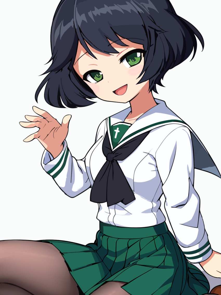 1girl black_hair black_pantyhose blush breasts collarbone girls_und_panzer green_eyes green_skirt highres hikari_(hikaring3120) looking_at_viewer miniskirt neckerchief ooarai_school_uniform open_mouth pantyhose school_uniform short_hair simple_background skirt small_breasts smile solo utsugi_yuuki white_background