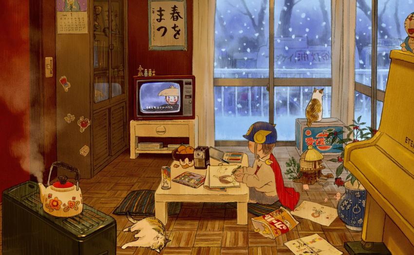1boy animal book cabinet calendar_(object) cape cat crayon damachitanu doraemon doraemon_(character) highres holding holding_pencil indoors instrument living_room looking_to_the_side moomin on_floor original pencil piano plant red_cape steam table teapot television vase window winter