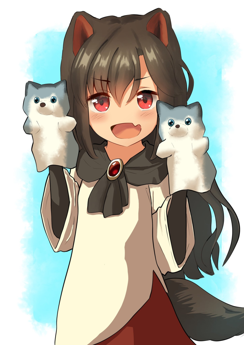 1girl :d animal_ears black_gloves blue_background brown_hair dress elbow_gloves fang gloves hand_puppet highres imaizumi_kagerou long_hair looking_at_viewer nuc_crow puppet red_eyes skin_fang smile solo touhou two-tone_background white_background white_dress wolf_ears wolf_girl