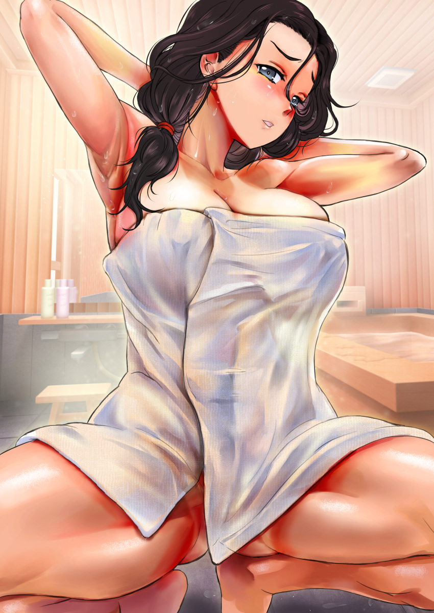 1girl absurdres arms_behind_head arms_up barefoot black_eyes black_hair blush breasts cleavage commentary_request commission girls_und_panzer hair_down hair_over_shoulder hair_tie half-closed_eyes hamada_kiyo head_tilt highres indoors large_breasts light_frown looking_at_viewer medium_hair nabeyu naked_towel parted_lips partial_commentary pixiv_commission sauna solo spread_legs squatting steam tan textless_version towel wet wet_hair white_towel