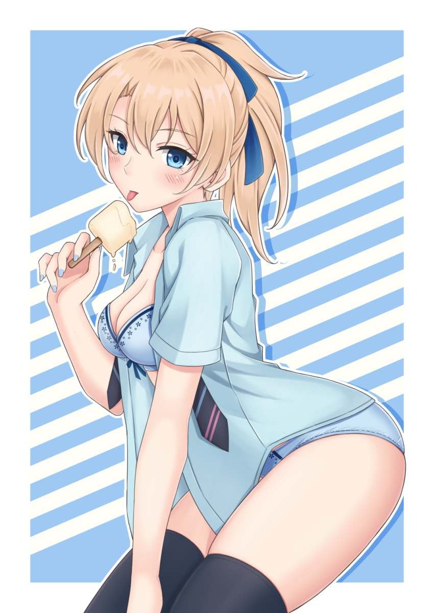 1girl black_necktie black_thighhighs blonde_hair blue_background blue_bra blue_eyes blue_nails blue_panties blue_ribbon blue_shirt bow bow_bra bra breasts commentary cowboy_shot dress_shirt food hair_ribbon highres holding holding_food leaning_forward licking looking_at_viewer medium_breasts medium_hair necktie no_pants open_clothes open_shirt original outline panties ponytail popsicle rei_(09991) ribbon shadow shirt solo standing thighhighs underwear undone_necktie white_outline wing_collar